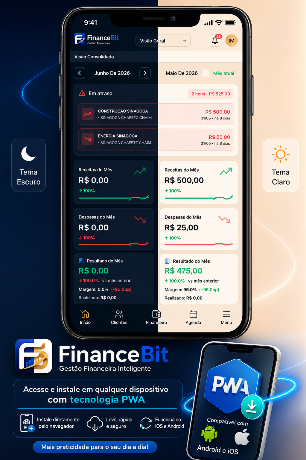 FinanceBit no celular — Android e iOS