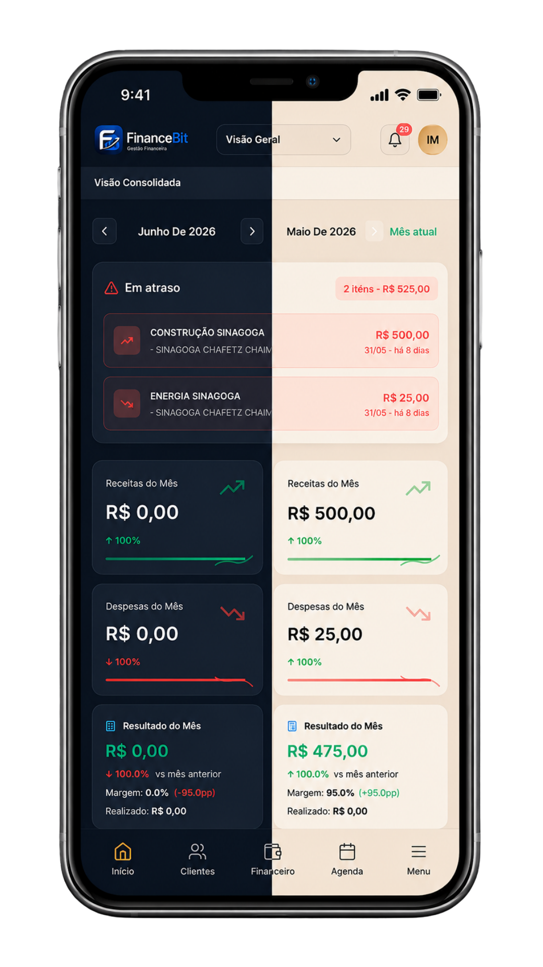 FinanceBit no celular — temas claro e escuro
